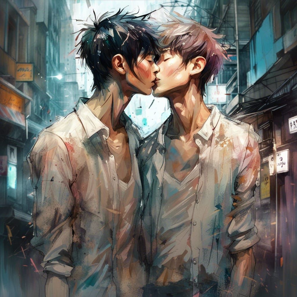 Dynamic Editorial Shot of Two Kissing Korean Boys
