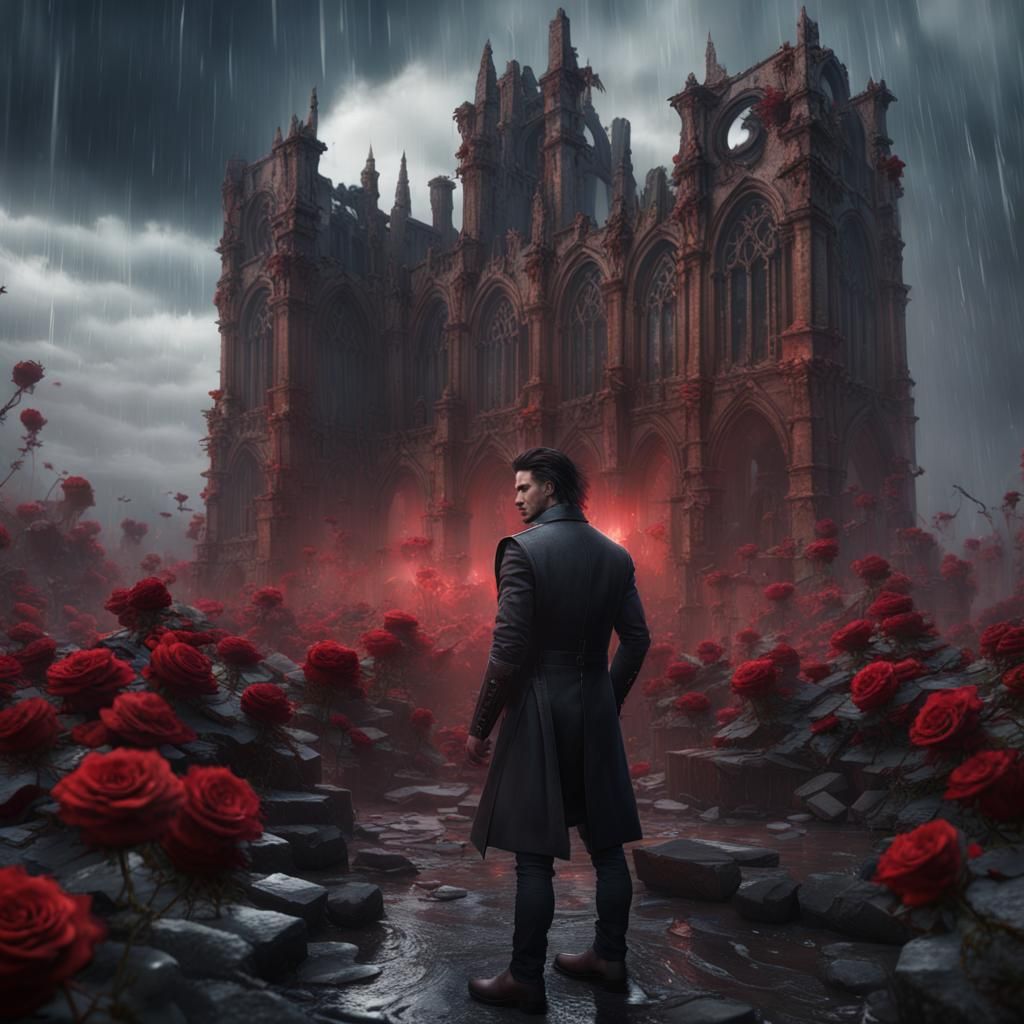 Gothic Man with Rose in Stormy Ruins
