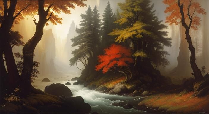 Baroque Mushroom and River Snake in Autumn Forest