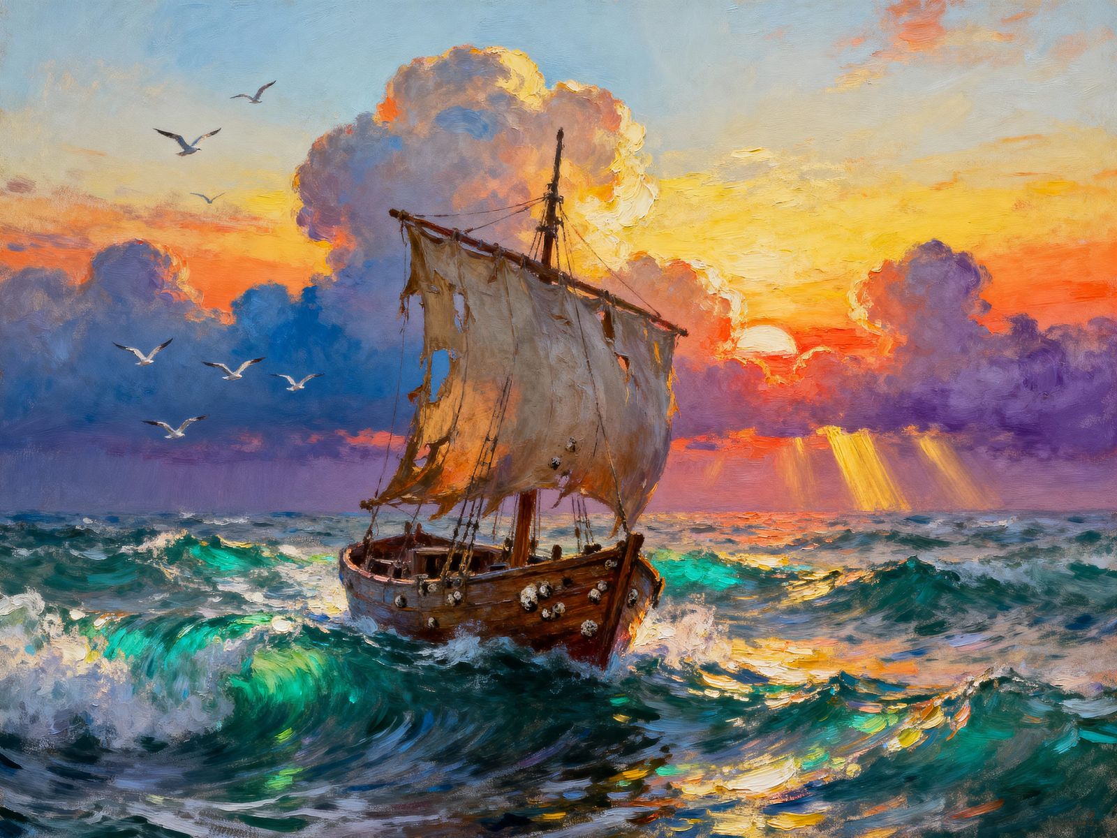 Oil Painting of Sailboat on Choppy Seas at Sunset