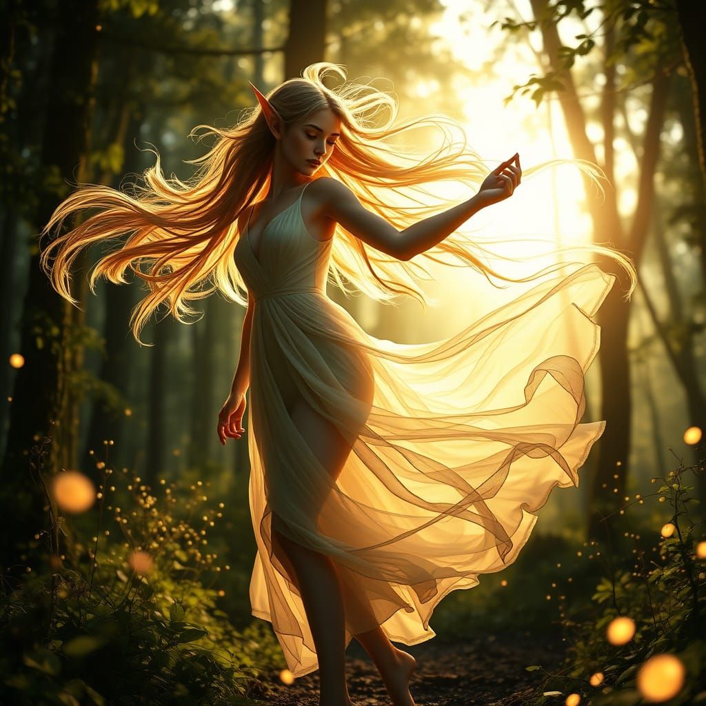 Ethereal Forest Goddess in Sunlit Dance