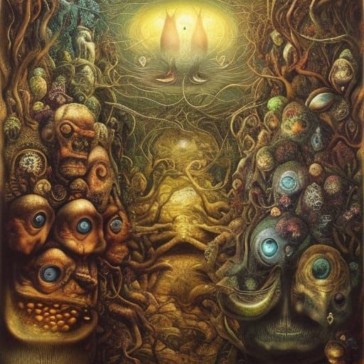 Surreal Dreamscape with Strange Inhabitants as Oil Painting