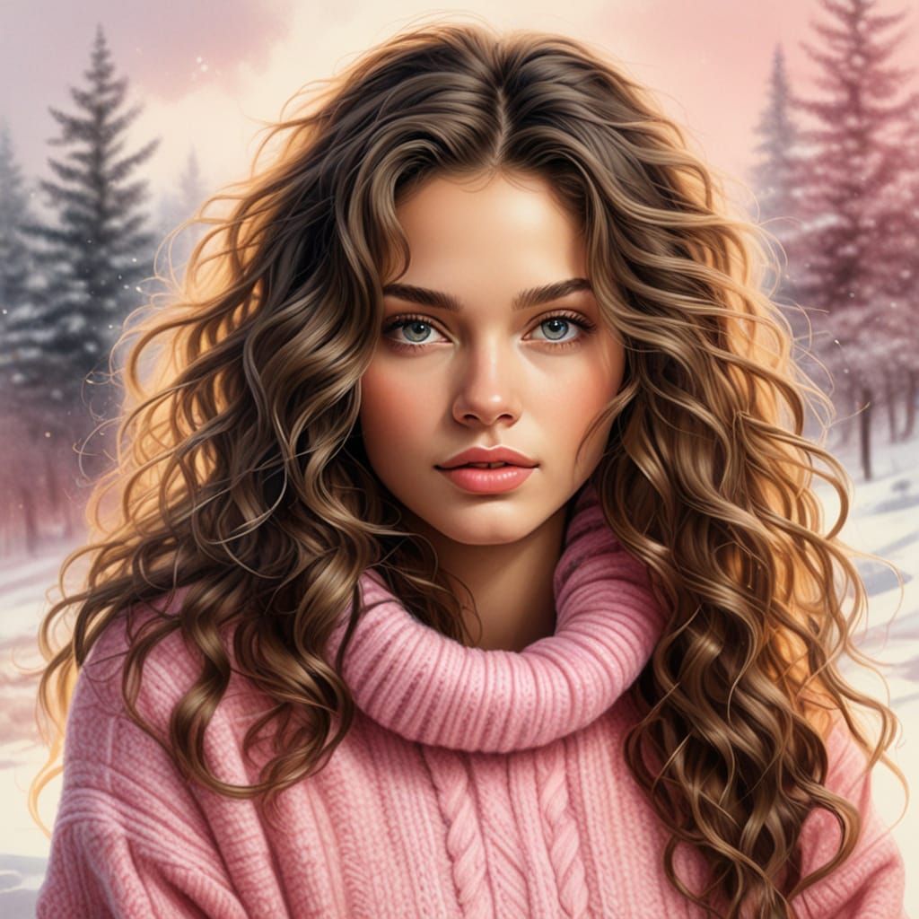 Realistic Watercolor Portrait of a Woman in Pastel Pink Swea...