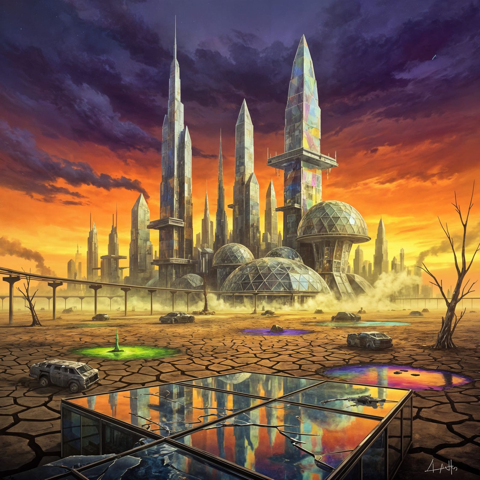 Dystopian Glass City in Barren Wasteland Oil Painting