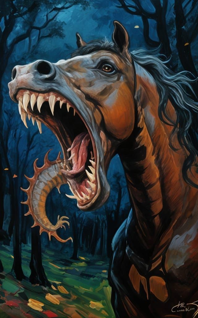 Horror War Horse with Dragon Maw, Neo-Impressionist Painting