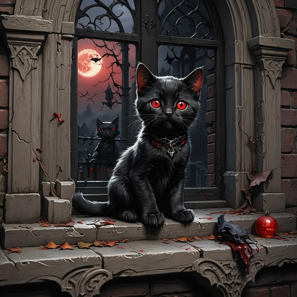 Gothic Kitten with Vampire Cloak and Skull