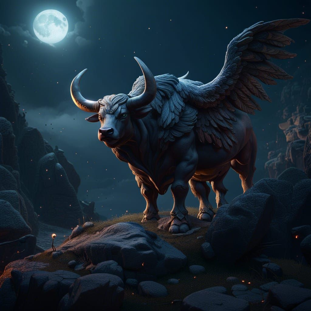 Winged Bull in Moonlight: Fantasy Concept Art
