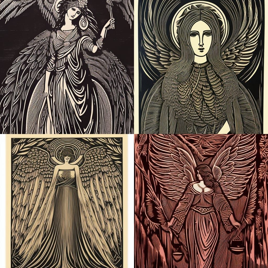 Female Angel as Muse in Woodcut Print Style