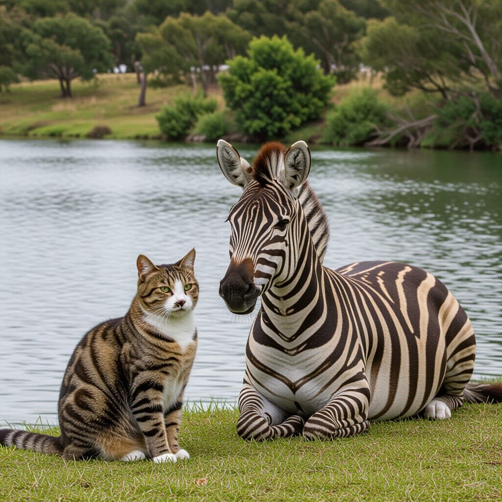 Cat and Zebra Relaxing by a River