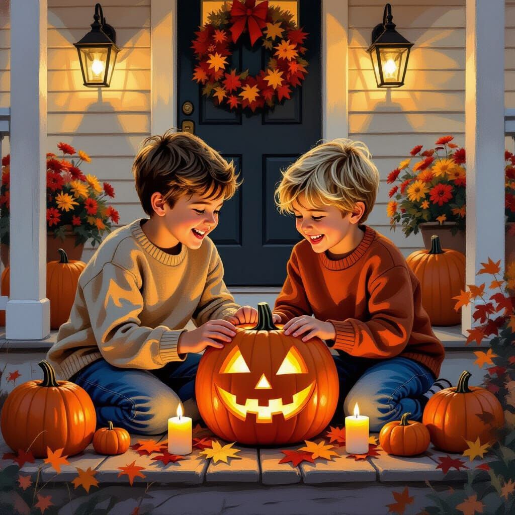 Romantic Pumpkin Carving Scene in Realistic Painting Style