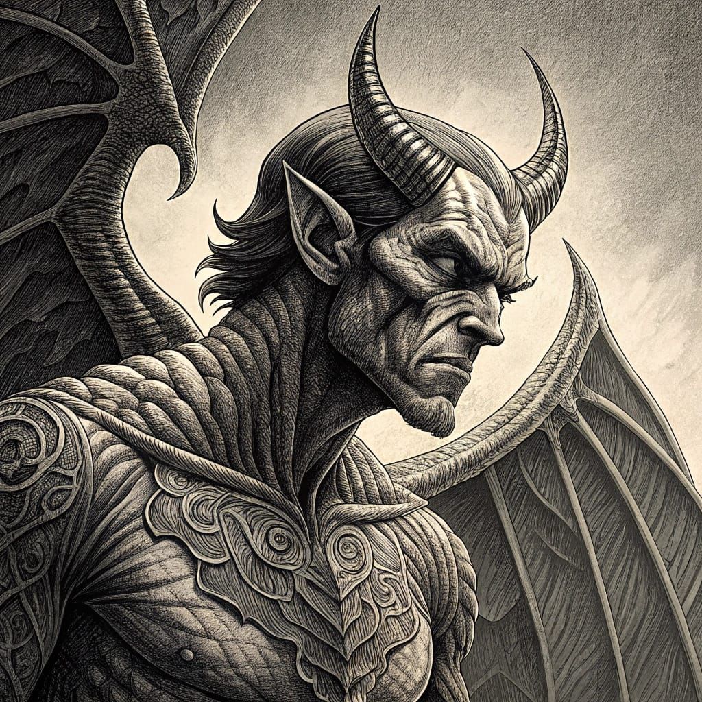 Detailed Ink Drawing of an Evil Demon
