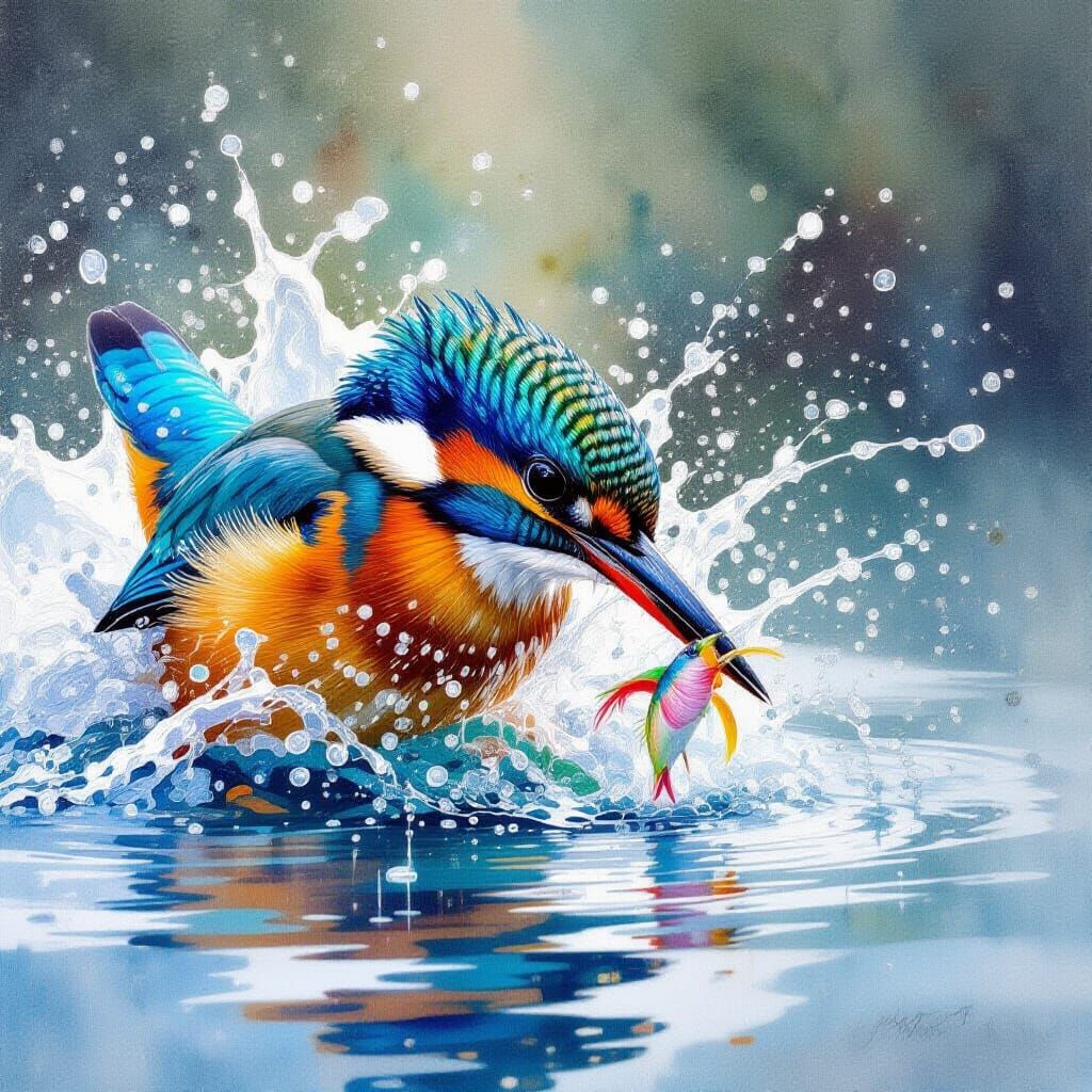 Kingfisher Hunting Underwater: Hyperrealistic Watercolor Art