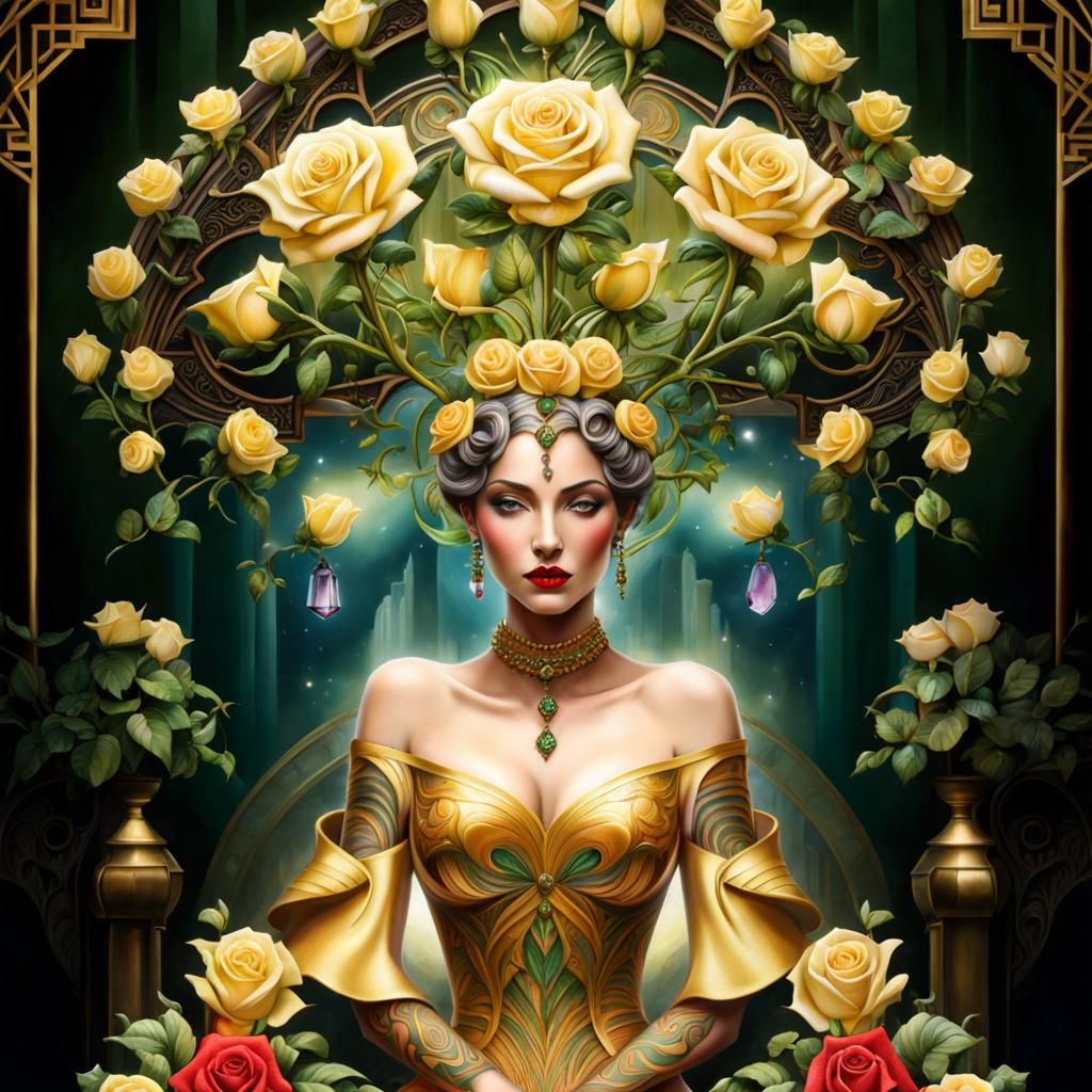 Art Deco Tattooed Woman with Puppy in Temple