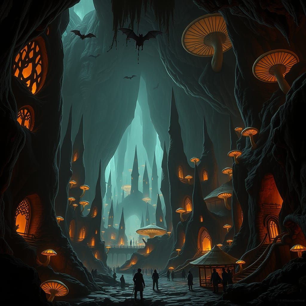 Fantastical Underground City Illuminated by Glowing Mushroom...