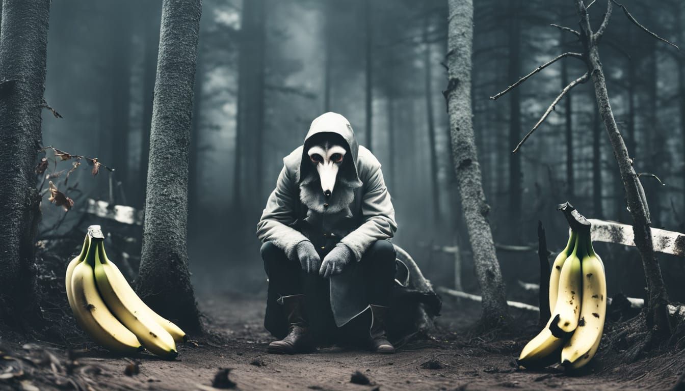 Irritated Banana in Dark Forest, Surreal Macro Portrait