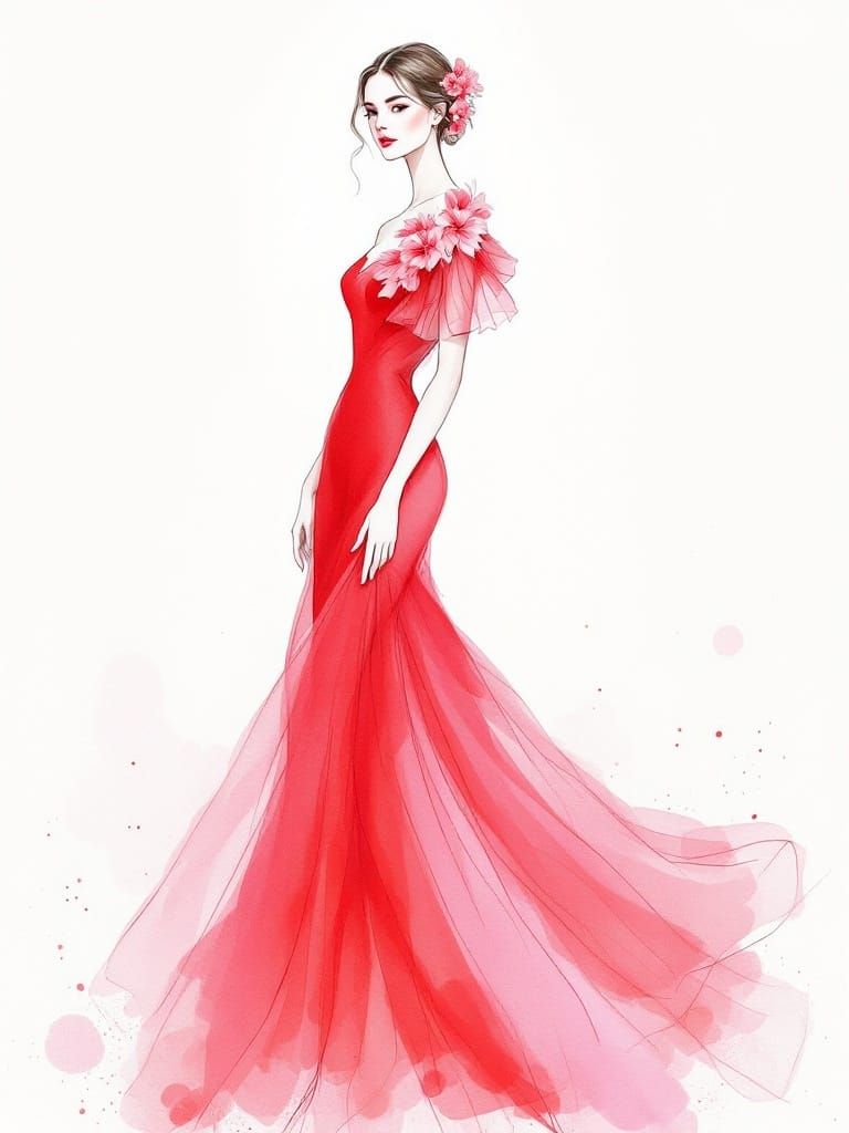 Elegant Red Gown Fashion Sketch in Watercolor Style