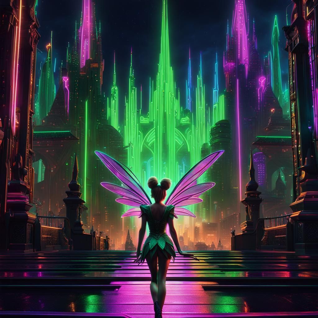 Tinkerbell and Emerald City in Cyberpunk Neon Art