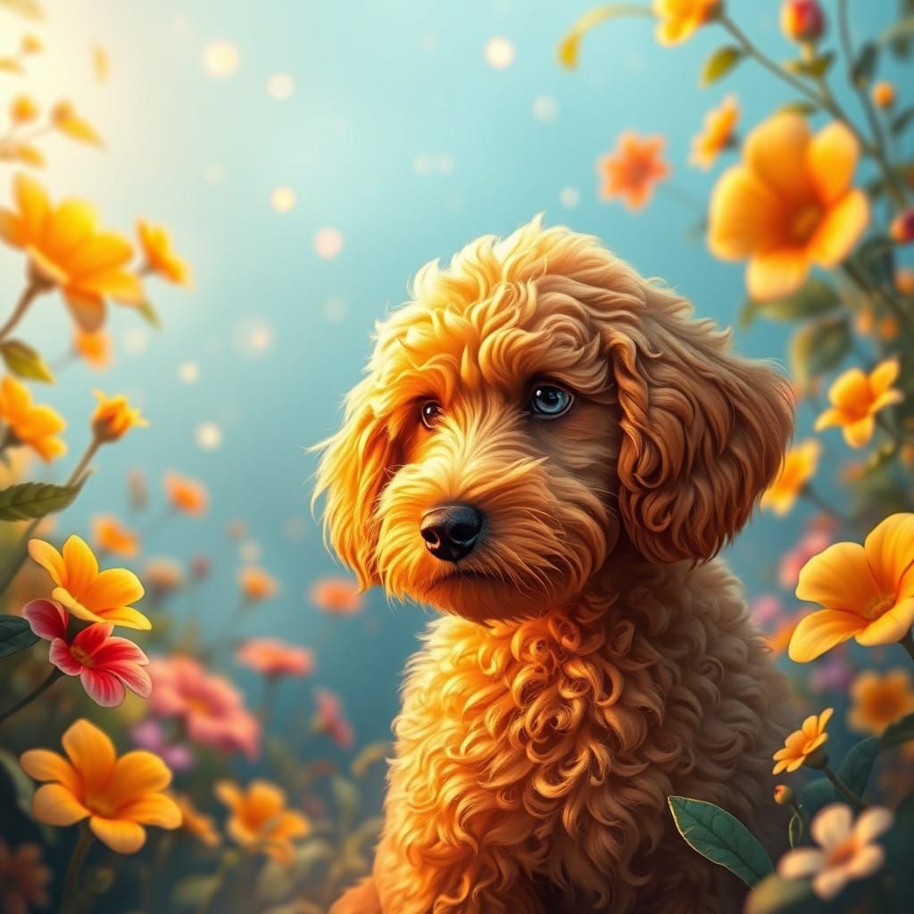 Whimsical Golden Doodle in Dreamlike Enchanted Forest