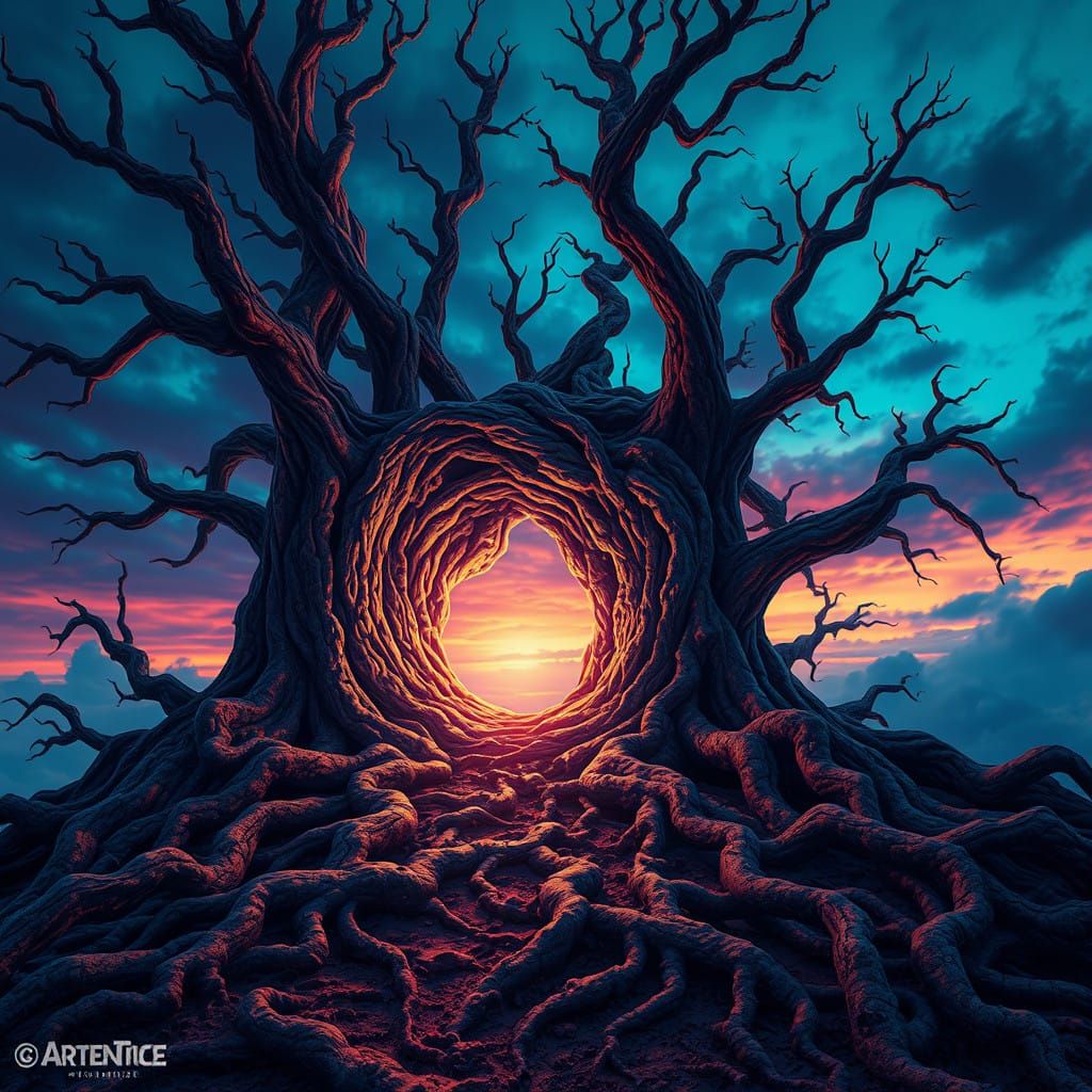 Ethereal Portal Amidst Ancient Tree Roots