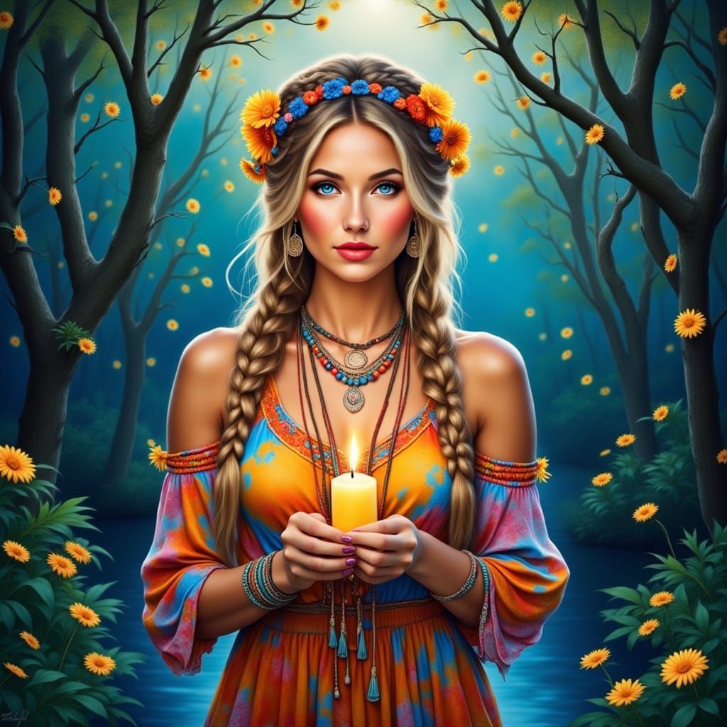 Hippie Woman with Candle in Enchanted Forest