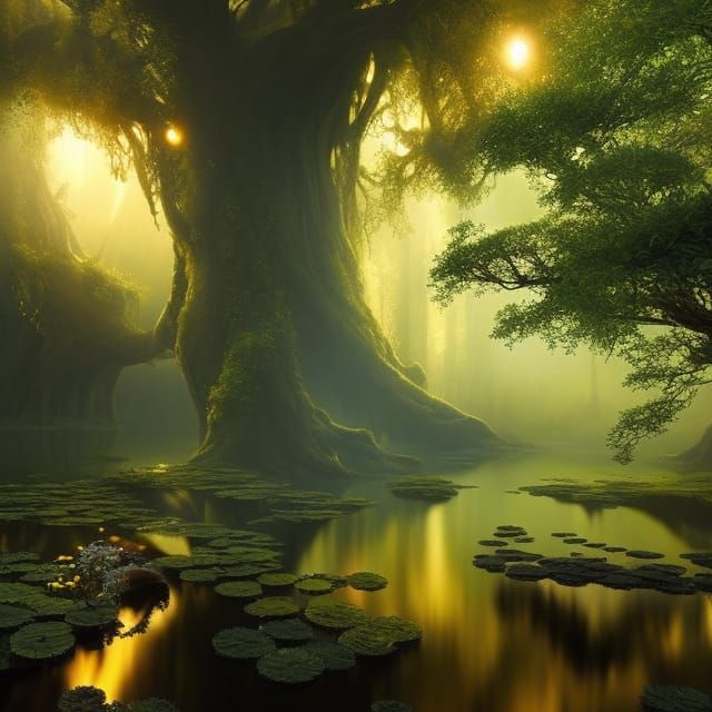 Fantasy Tree in Golden Pond, Fantasy Art