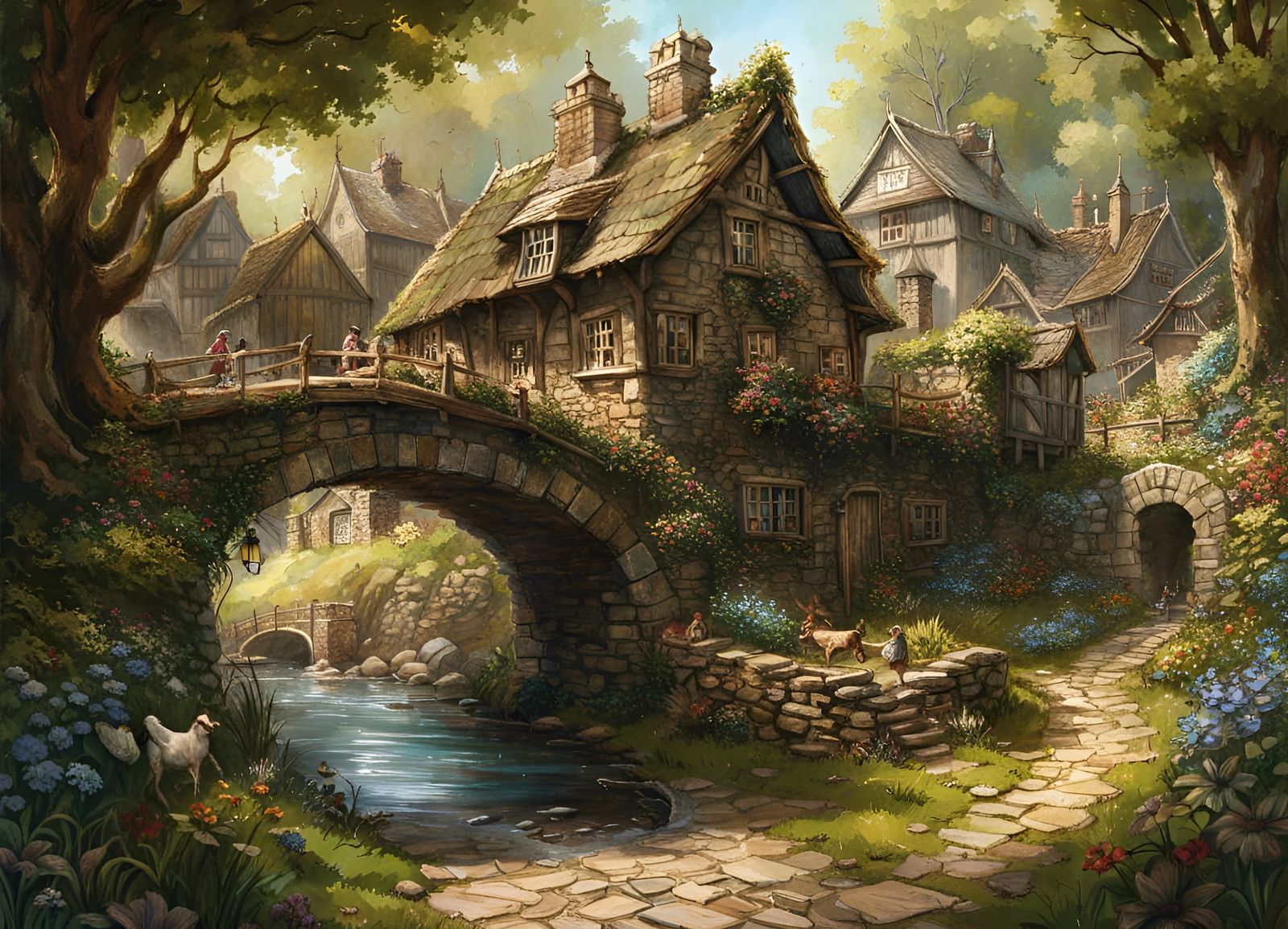 Detailed Rural Village with Stone Bridge, Digital Art