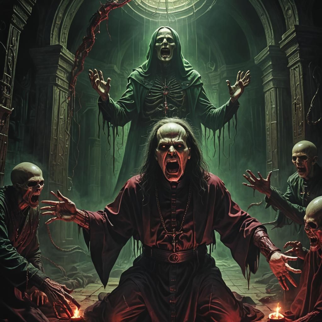 Demonic Possession in Eerie Chamber, Dark Fantasy Horror