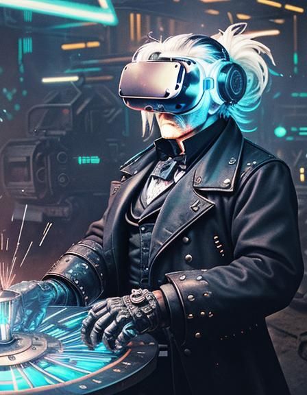 Cyberpunk Charles Babbage in Neon Apocalypse