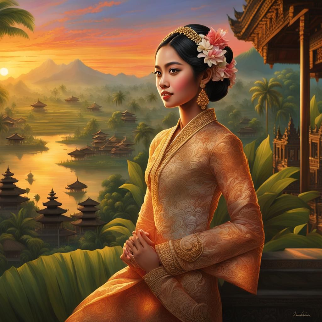 Balinese Woman in Kebaya at Sunset: Art Deco Style