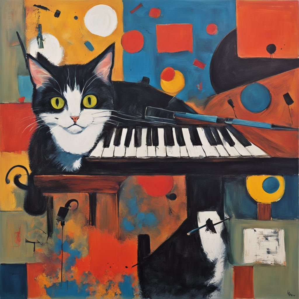 Whimsical Cat Playing Jazz in Abstract Expressionist Style