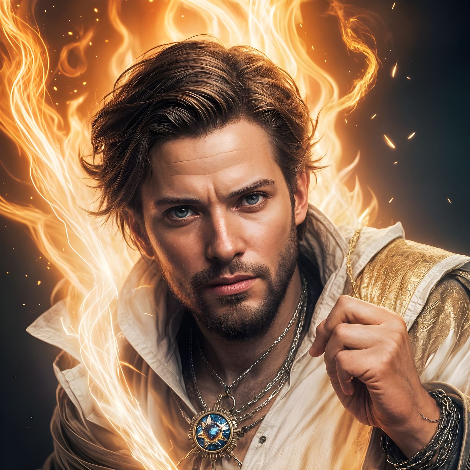 Young Wizard Casting Fire Spell, Digital Art