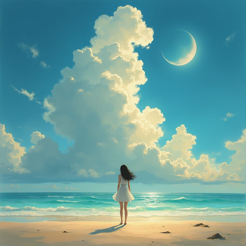 Woman Gazing Skyward on Golden Beach in Animated Style