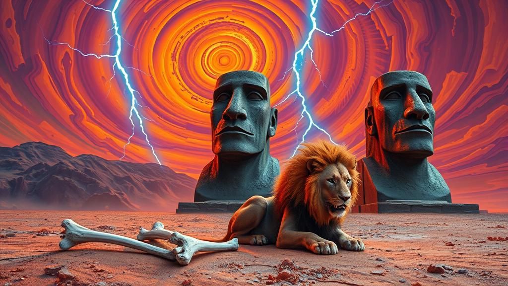 Surreal Desert Landscape with Stone Heads, Dreamlike Art