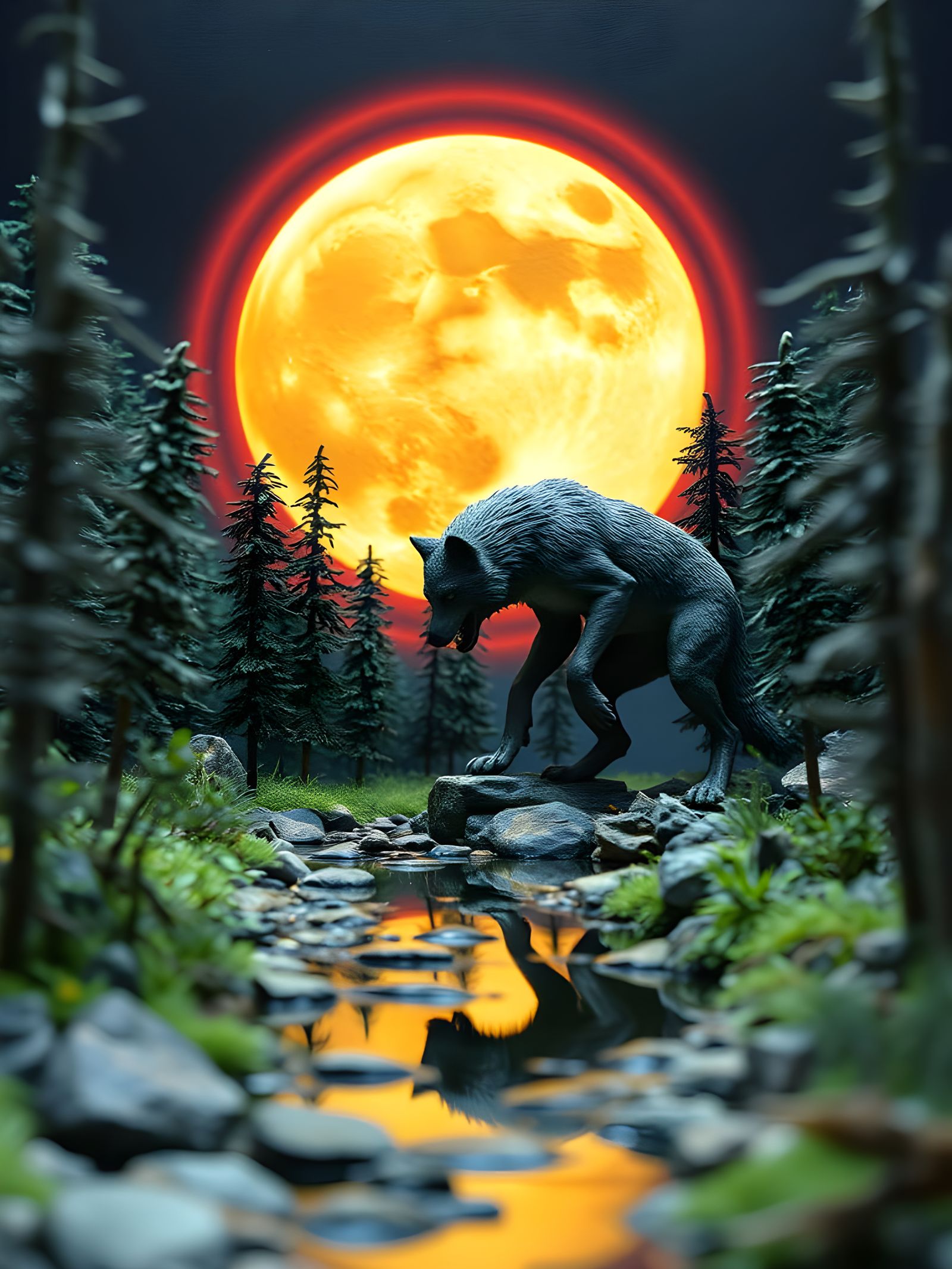 Werewolf Transformation Diorama Under Full Moon