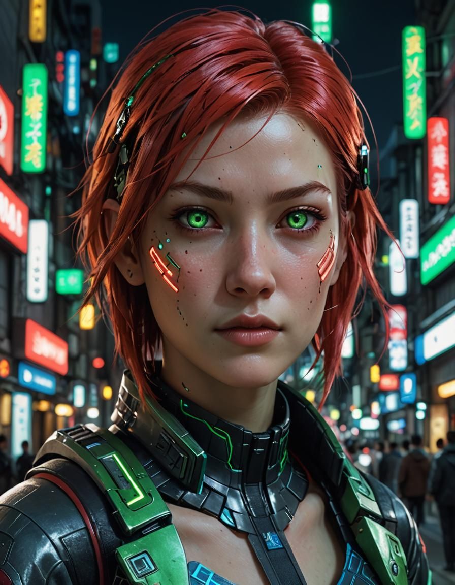 Cyberpunk Netrunner Girl in Japan Street at Night
