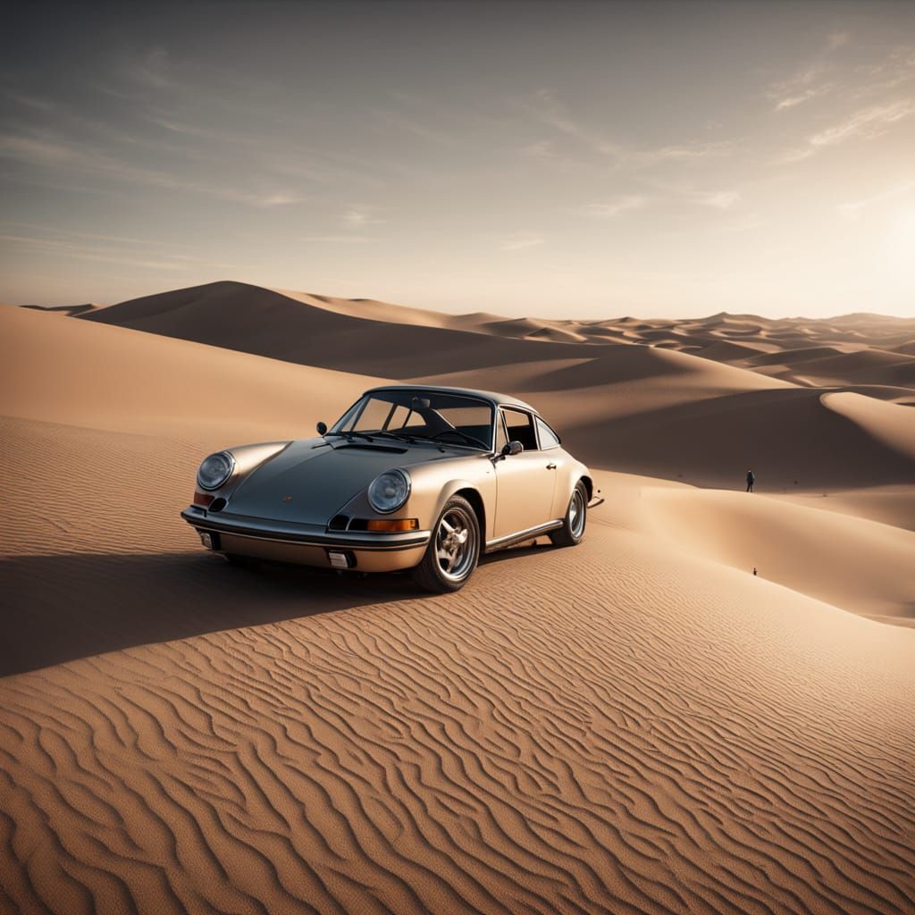 Silver Porsche 911 on Desert Dunes at Sunrise