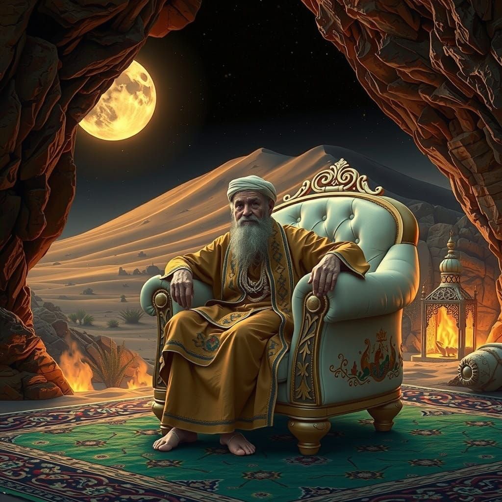 Elderly Sage in Desert Cave with Full Moon