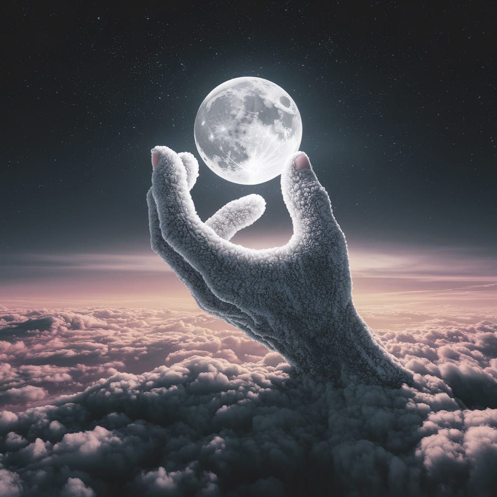 Cloud Hand Cradles Moon in Surreal Sky