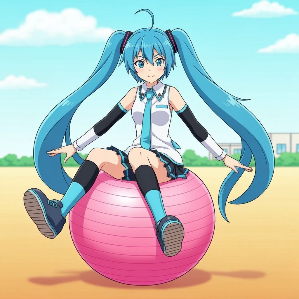 Hatsune Miku Bouncing on Pink Exercise Ball