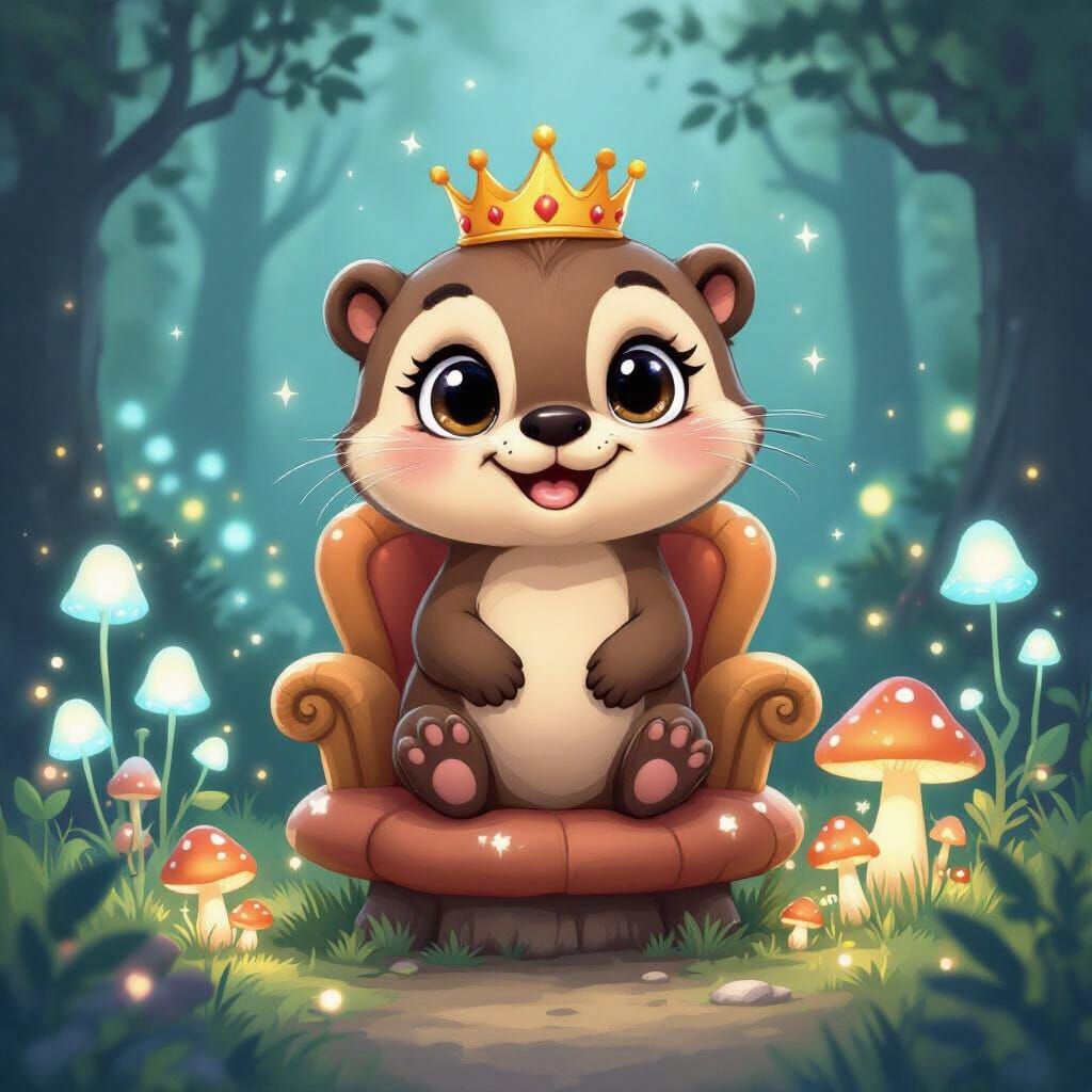 Cute Cartoon Otter King on Mushroom Throne