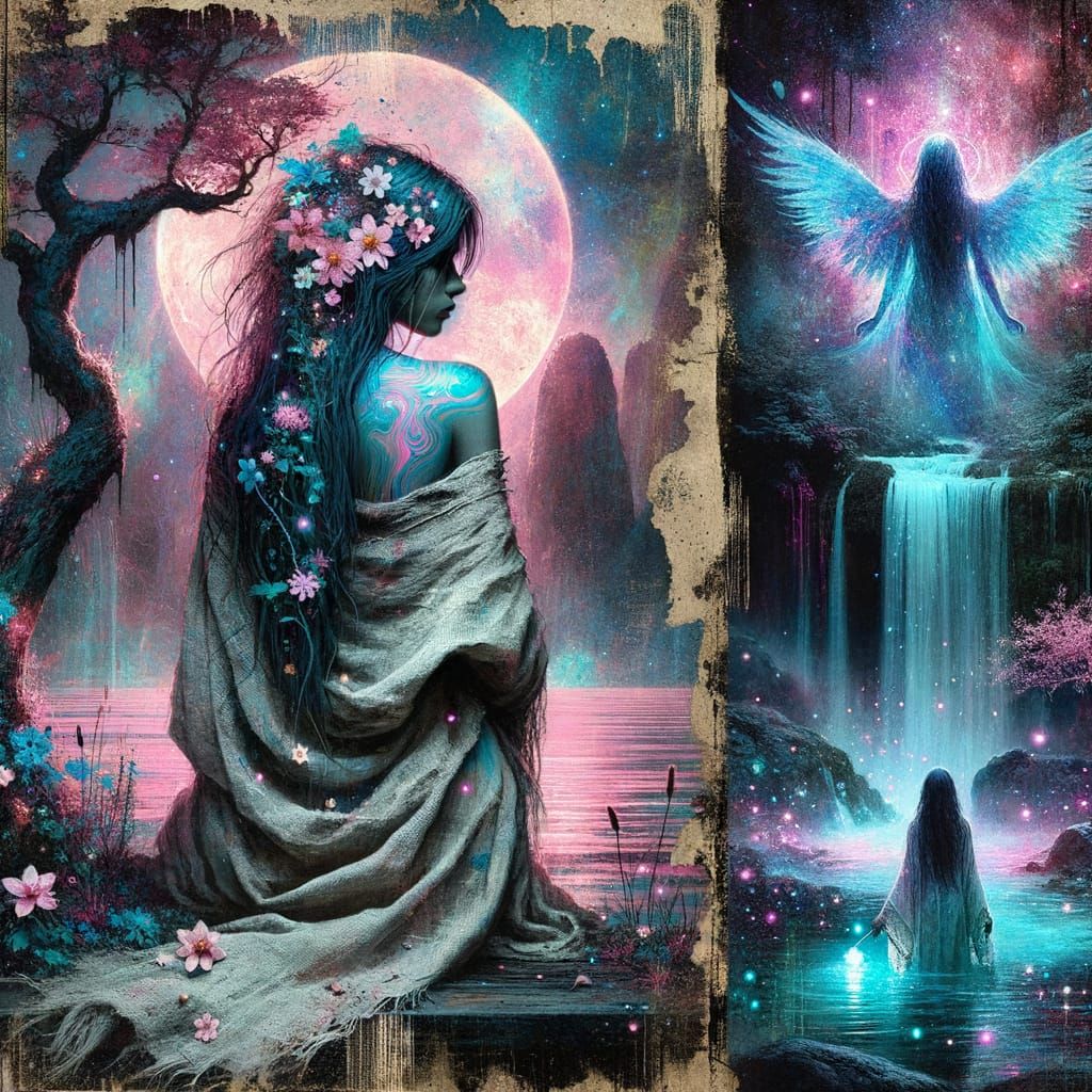 Punk Angel in Alien Landscape with Bohemian Woman