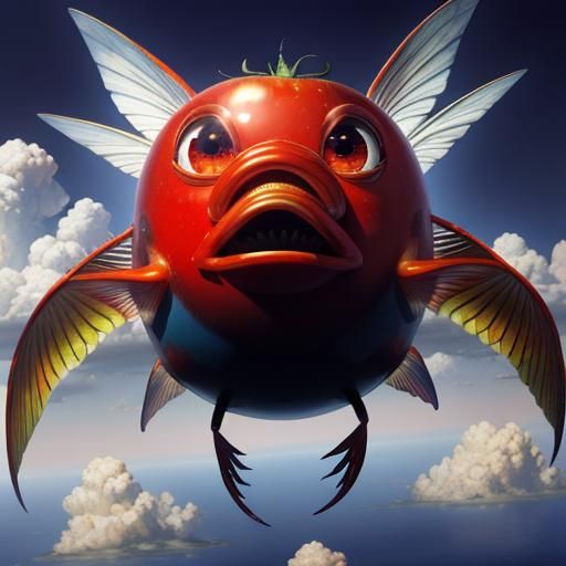 Shiny 3D Tomato Fish Flying Through Clouds