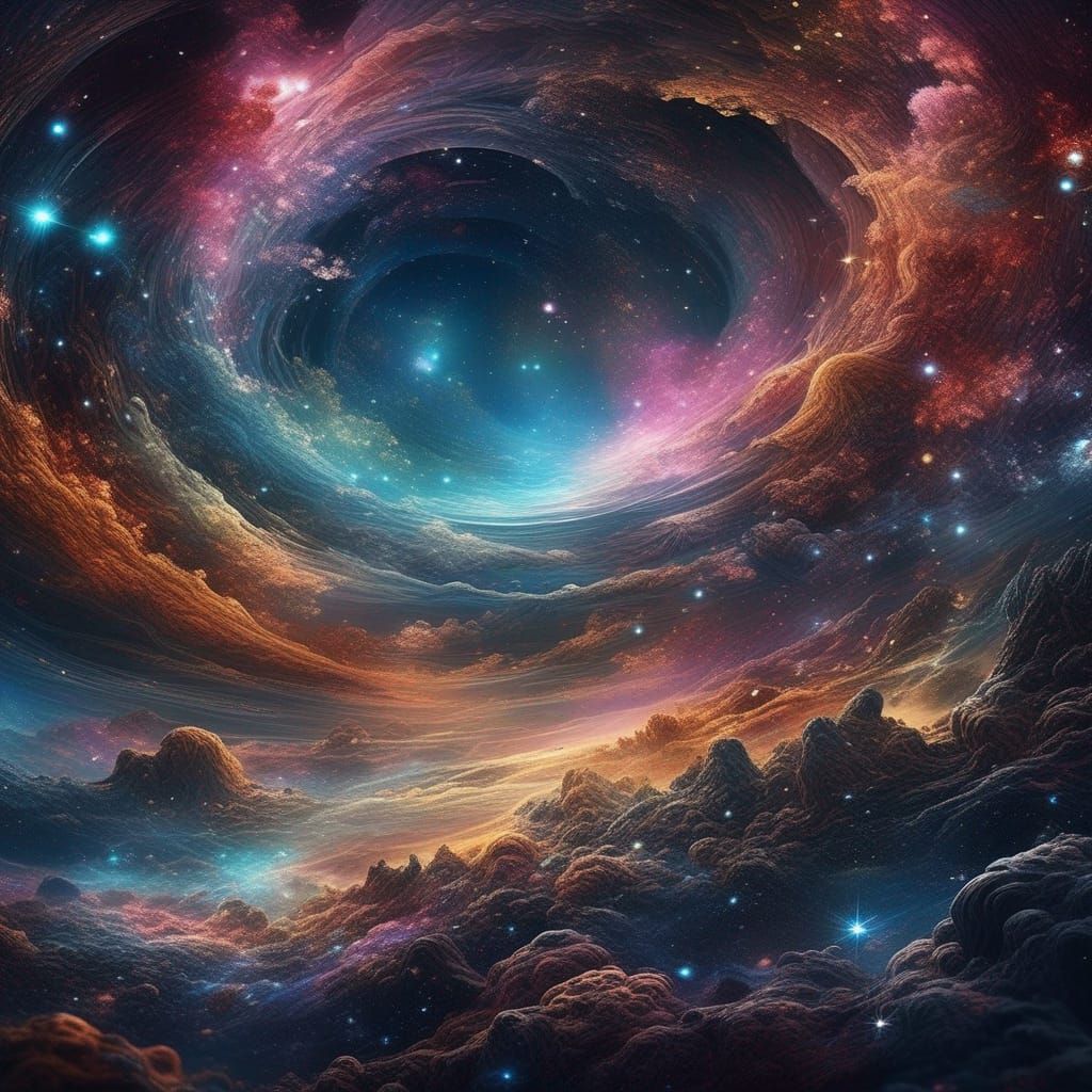 Celestial Landscape with Swirling Nebulas in Digital Art