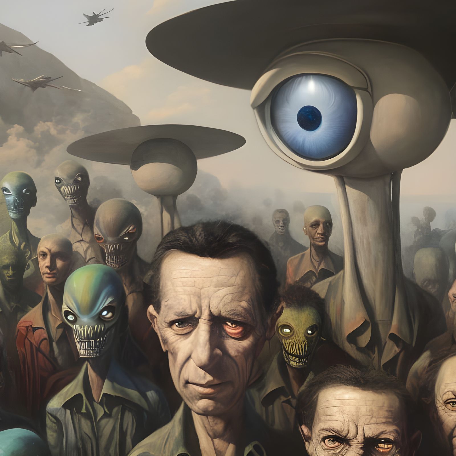 Smiling Alien Cartoon Characters on Surreal Planet