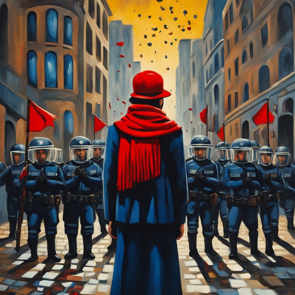 Poet Surrounded by Riot Police in Surreal Cityscape