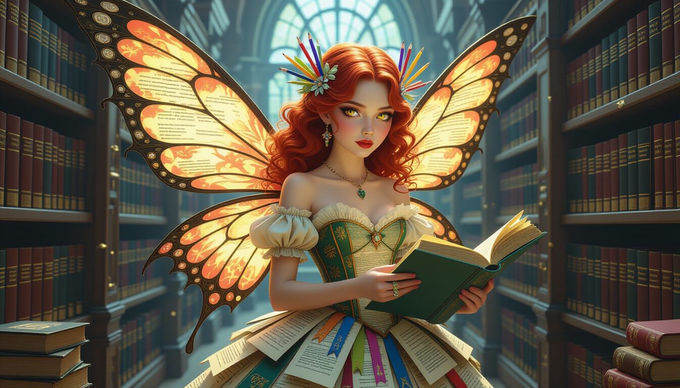 Literary Fairy with Book Wings in Fantasy Library