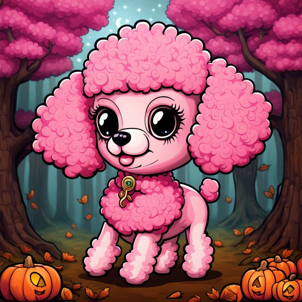 Adorable Chibi Pink Poodle in Celtic Halloween Forest
