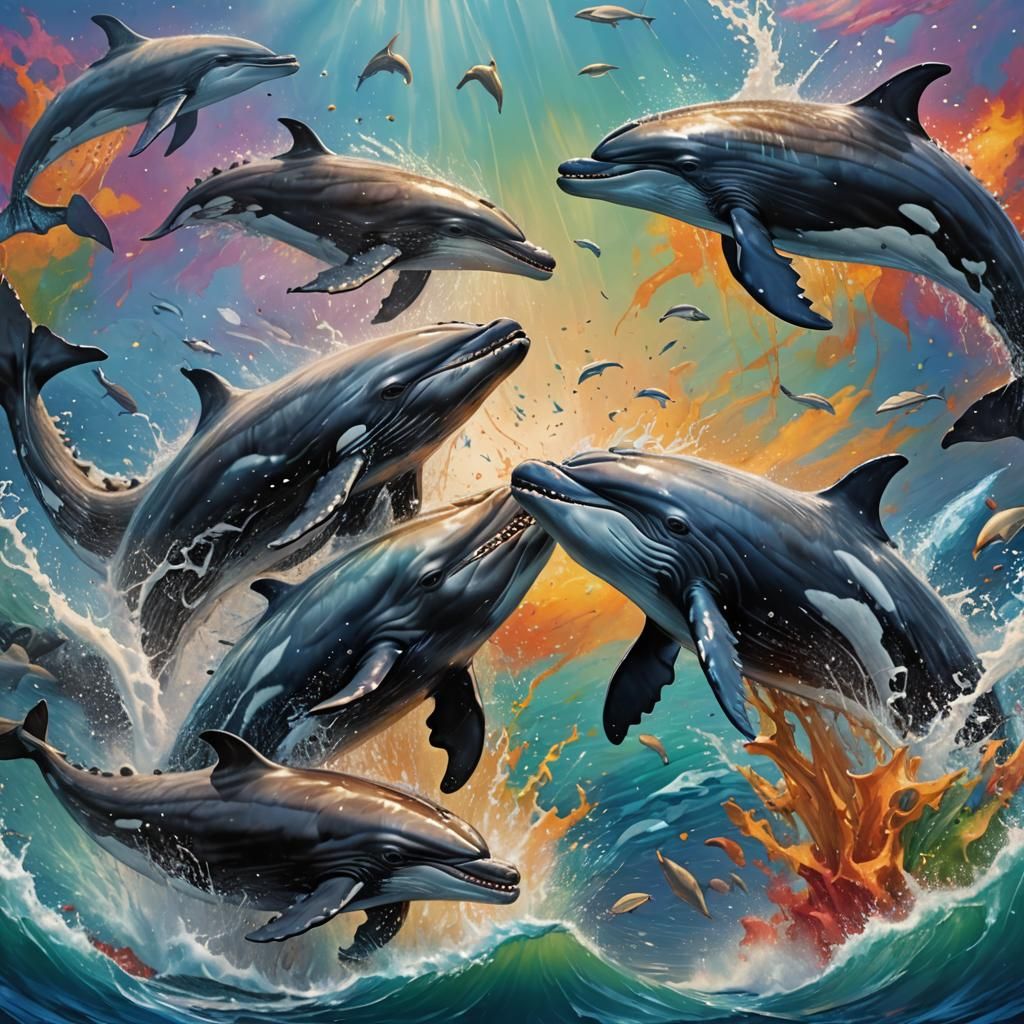 Whales and Dolphins Clash in Hyperrealistic Splash Art