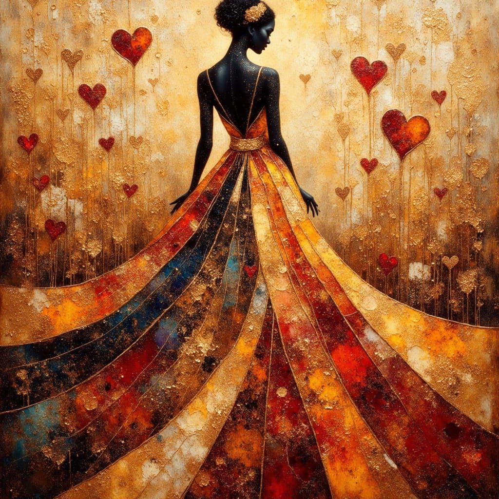 African Princess Silhouette with Hearts, Impasto Encaustic A...