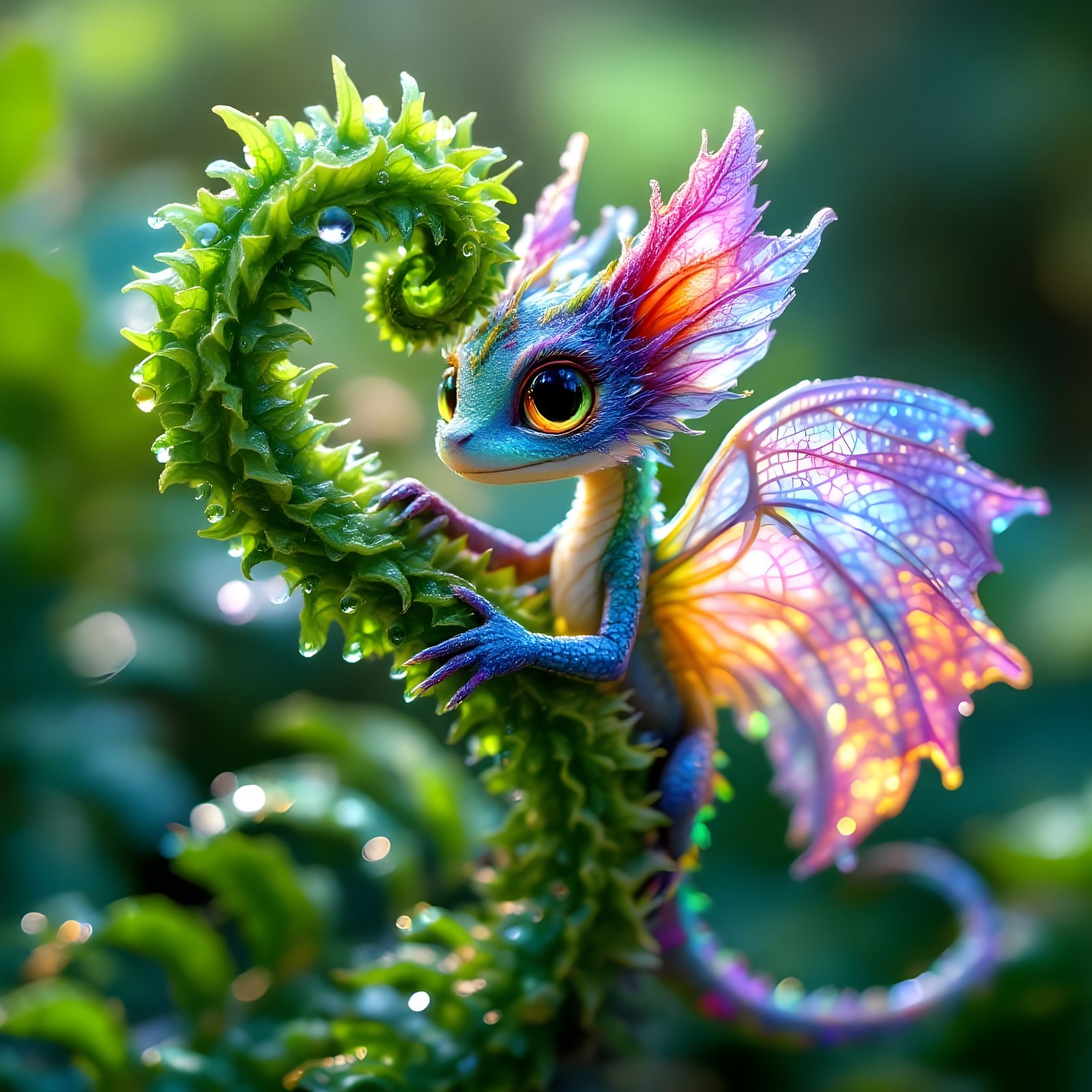 Surreal Fern Frond with Baby Dragon in Ethereal, Photorealis...